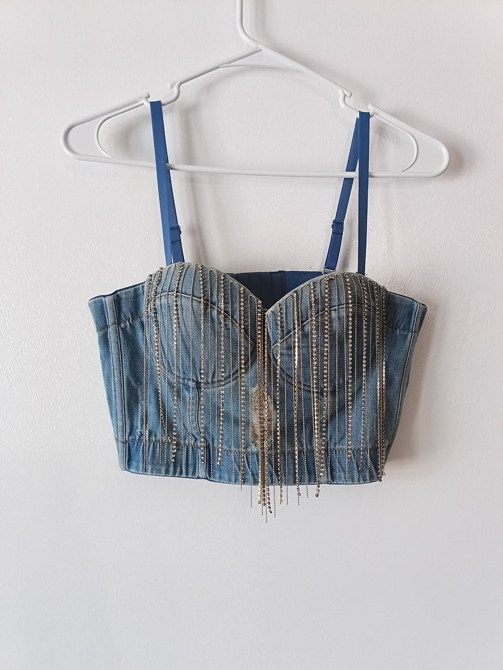 N1 Los Angeles distressed denim corset with rhinestones fringe size L